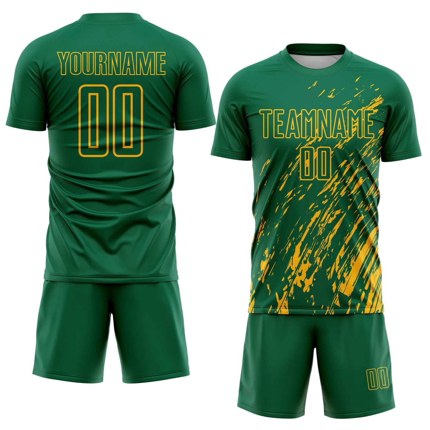 Custom Kelly Green Gold Splash Sublimation Soccer Uniform Jersey view 2