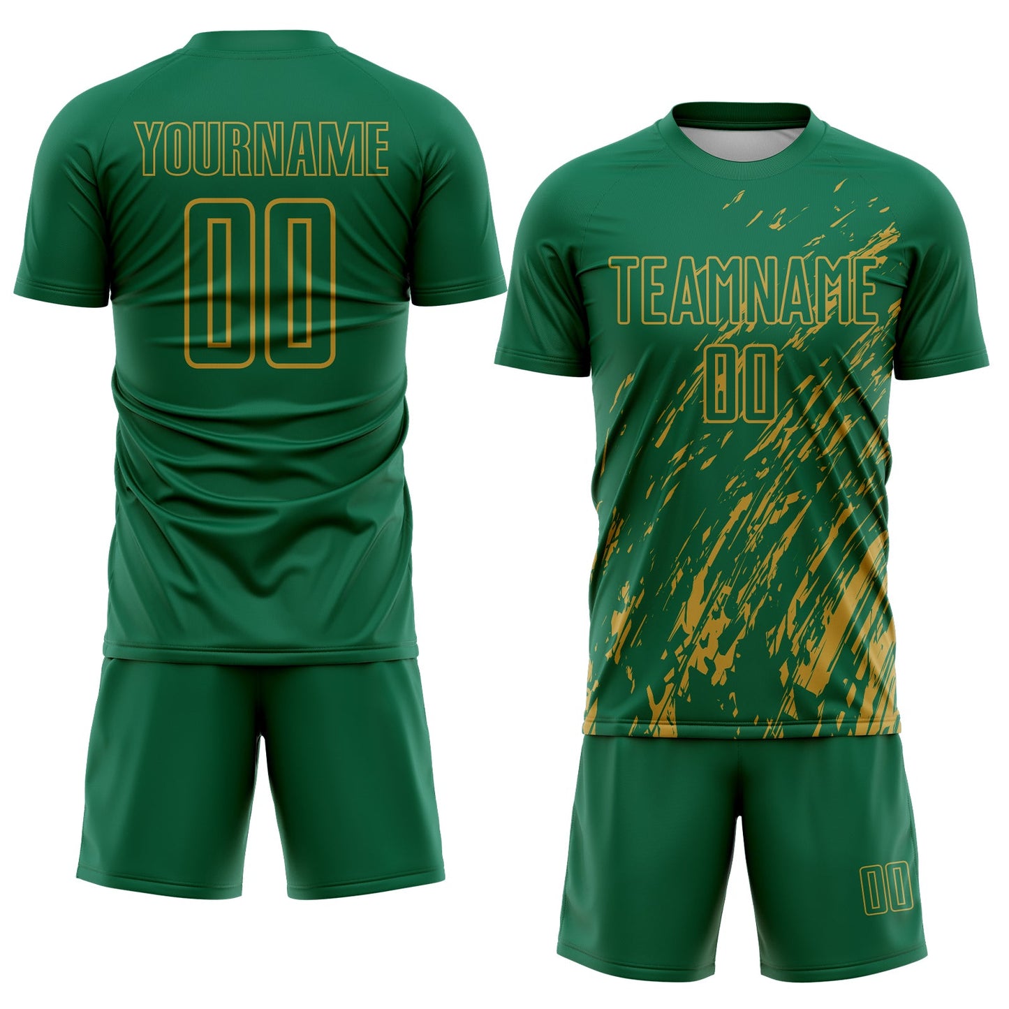 Custom Kelly Green Old Gold Splash Sublimation Soccer Uniform Jersey view 2
