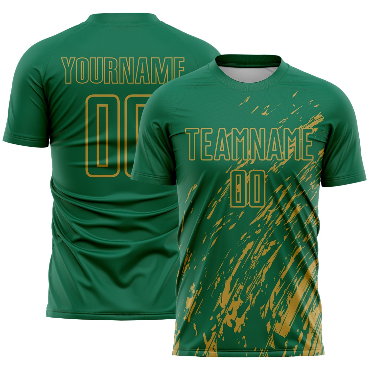 Custom Kelly Green Old Gold Splash Sublimation Soccer Uniform Jersey - Main View