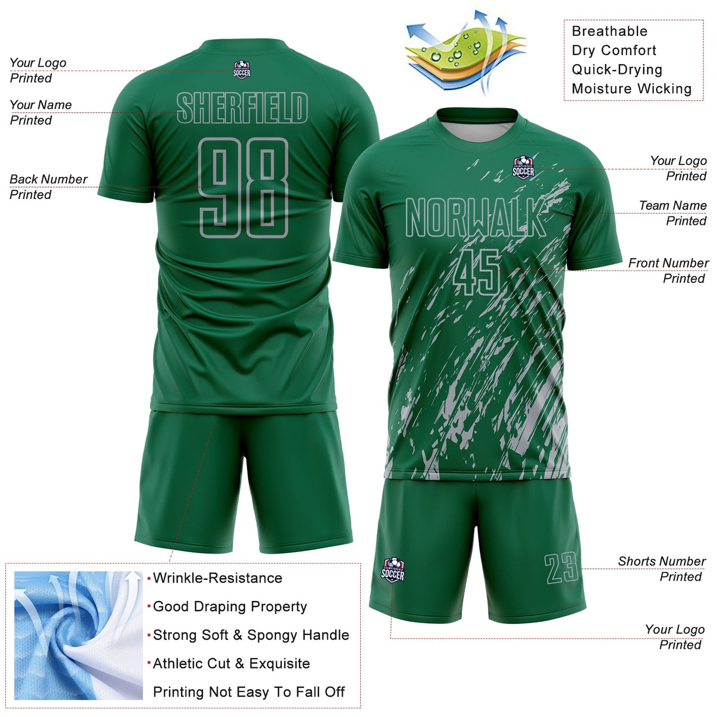 Custom Kelly Green Gray Splash Sublimation Soccer Uniform Jersey view 4