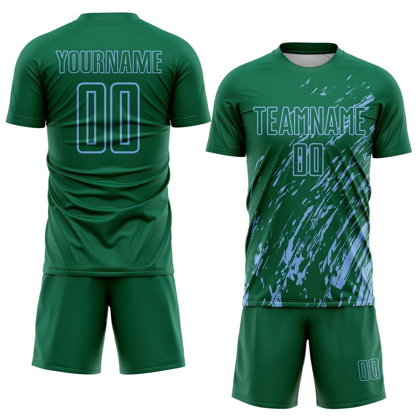 Custom Kelly Green Light Blue Splash Sublimation Soccer Uniform Jersey view 2