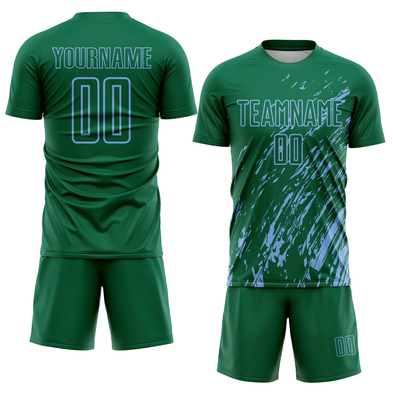 Custom Kelly Green Light Blue Splash Sublimation Soccer Uniform Jersey view 2