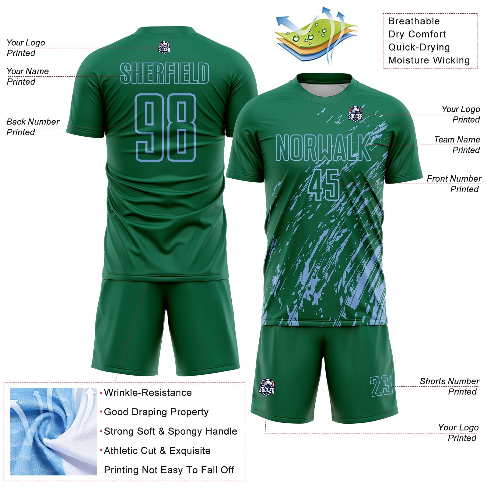 Custom Kelly Green Light Blue Splash Sublimation Soccer Uniform Jersey view 4
