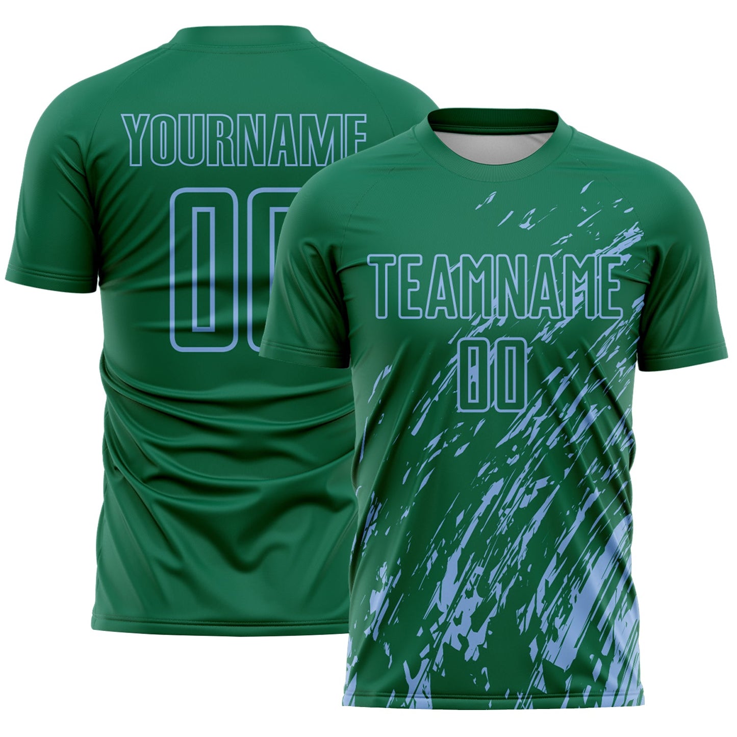 Custom Kelly Green Light Blue Splash Sublimation Soccer Uniform Jersey - Main View