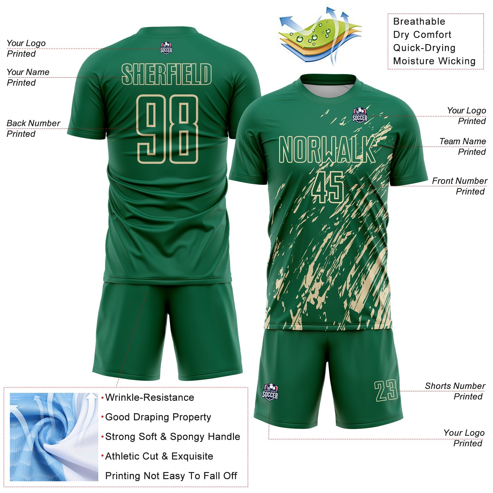 Custom Kelly Green Cream Splash Sublimation Soccer Uniform Jersey view 4