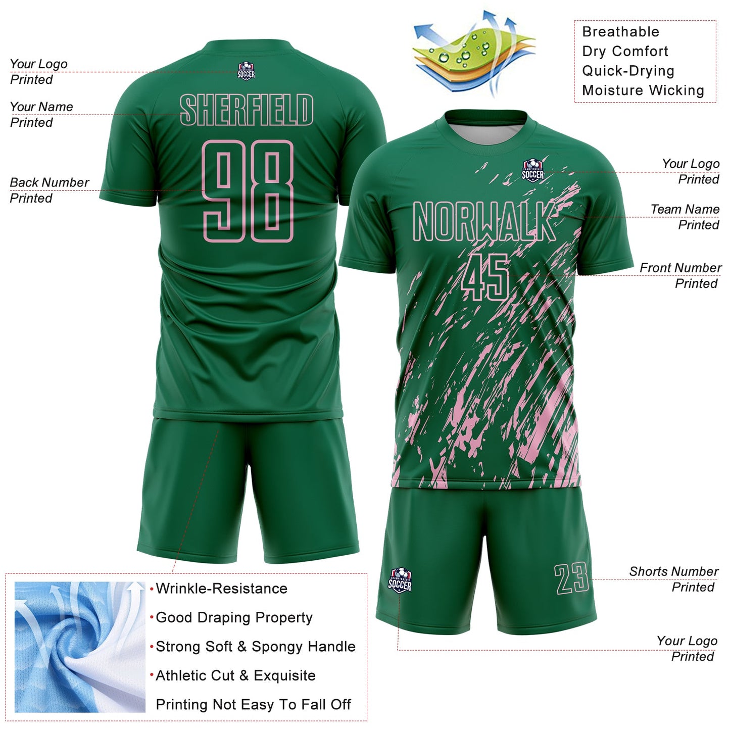 Custom Kelly Green Light Pink Splash Sublimation Soccer Uniform Jersey view 4