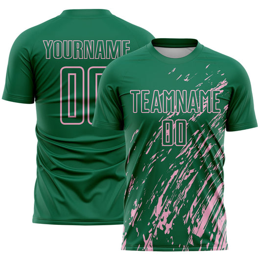 Custom Kelly Green Light Pink Splash Sublimation Soccer Uniform Jersey - Main View