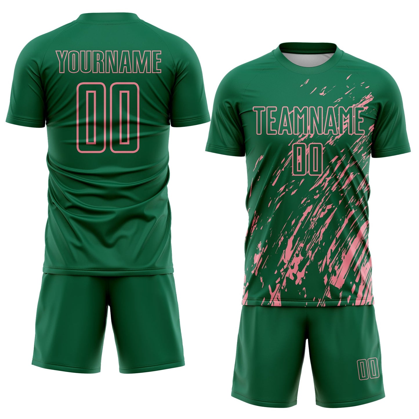 Custom Kelly Green Medium Pink Splash Sublimation Soccer Uniform Jersey view 2