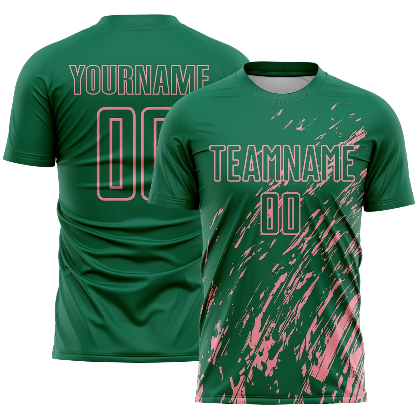 Custom Kelly Green Medium Pink Splash Sublimation Soccer Uniform Jersey - Main View
