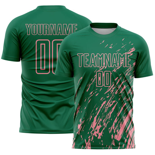 Custom Kelly Green Medium Pink Splash Sublimation Soccer Uniform Jersey - Main View