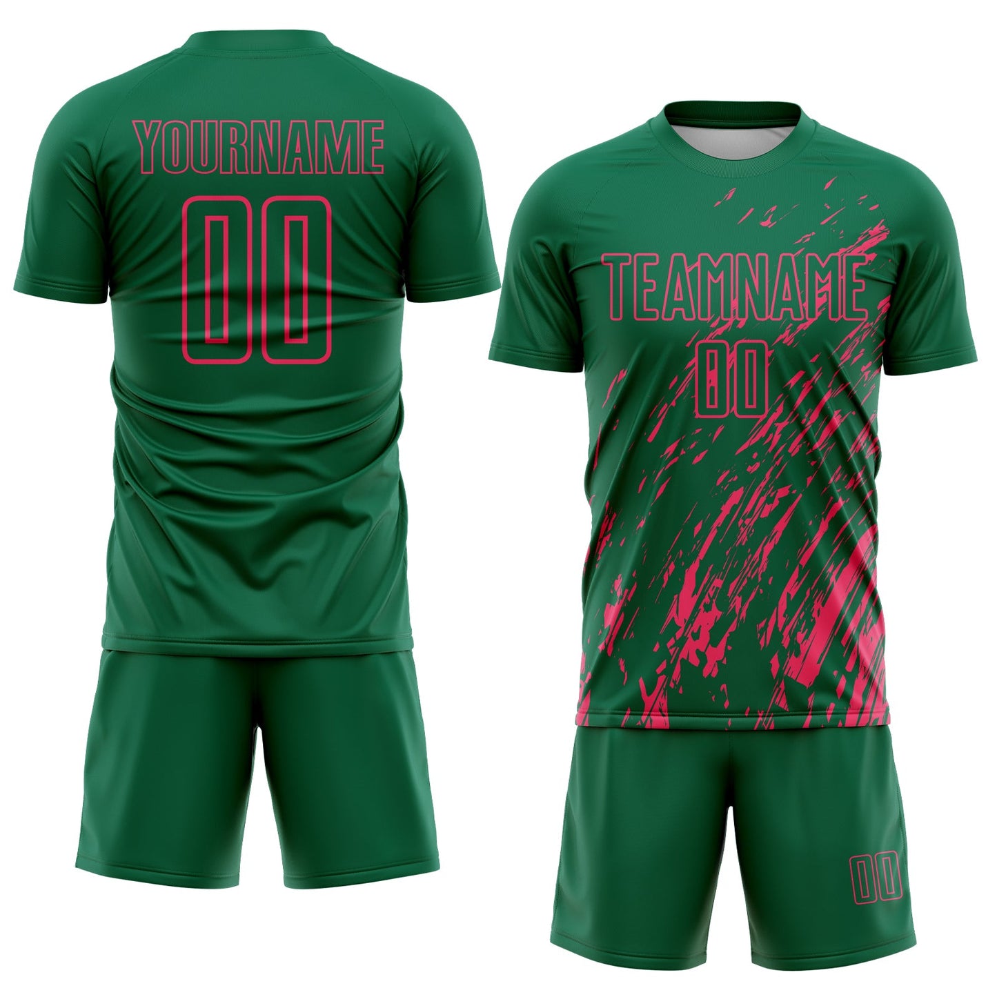 Custom Kelly Green Neon Pink Splash Sublimation Soccer Uniform Jersey view 2