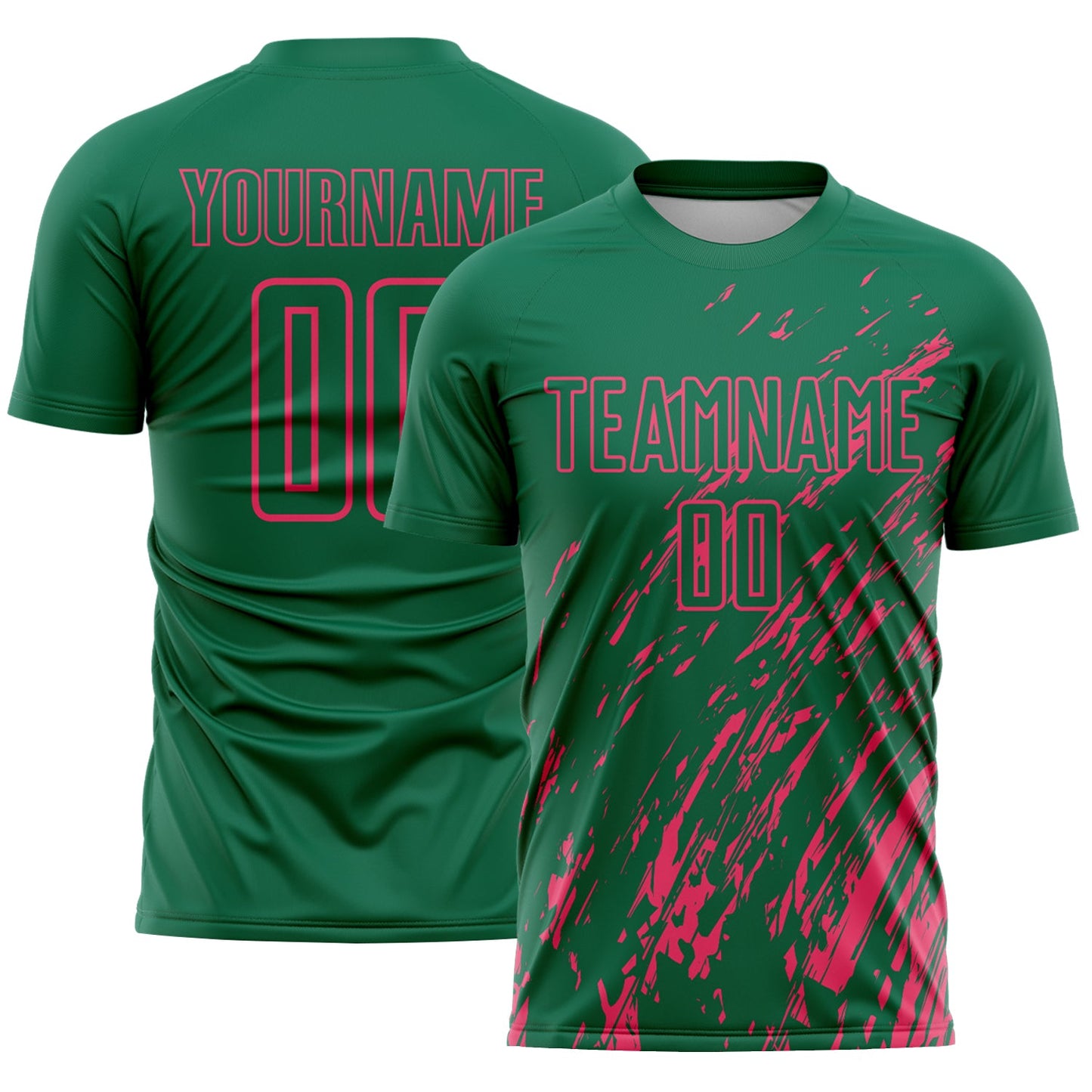 Custom Kelly Green Neon Pink Splash Sublimation Soccer Uniform Jersey - Main View
