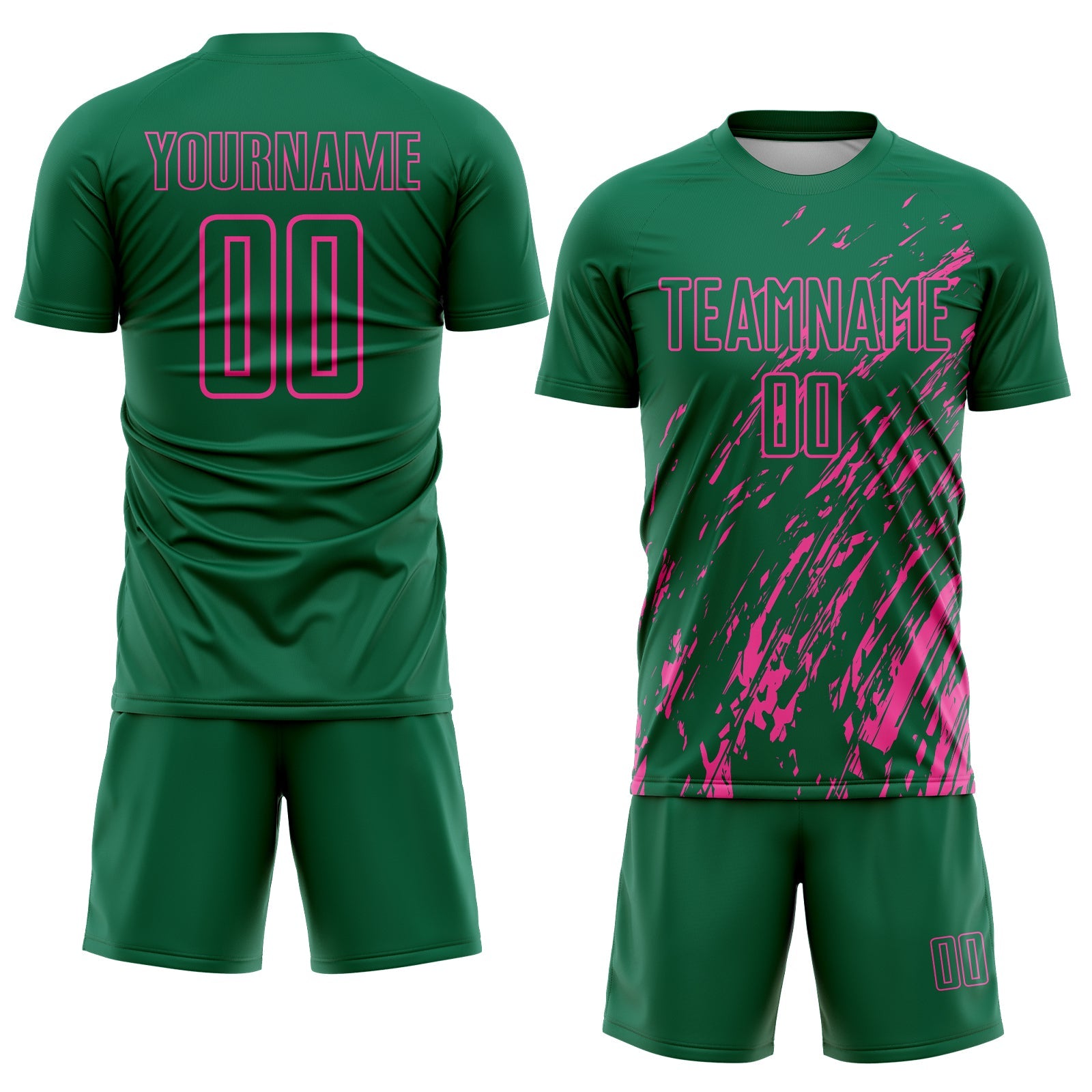 Custom Kelly Green Pink Splash Sublimation Soccer Uniform Jersey view 2