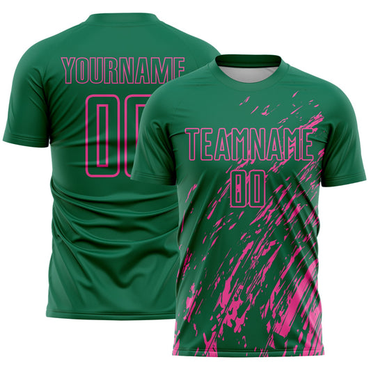 Custom Kelly Green Pink Splash Sublimation Soccer Uniform Jersey - Main View