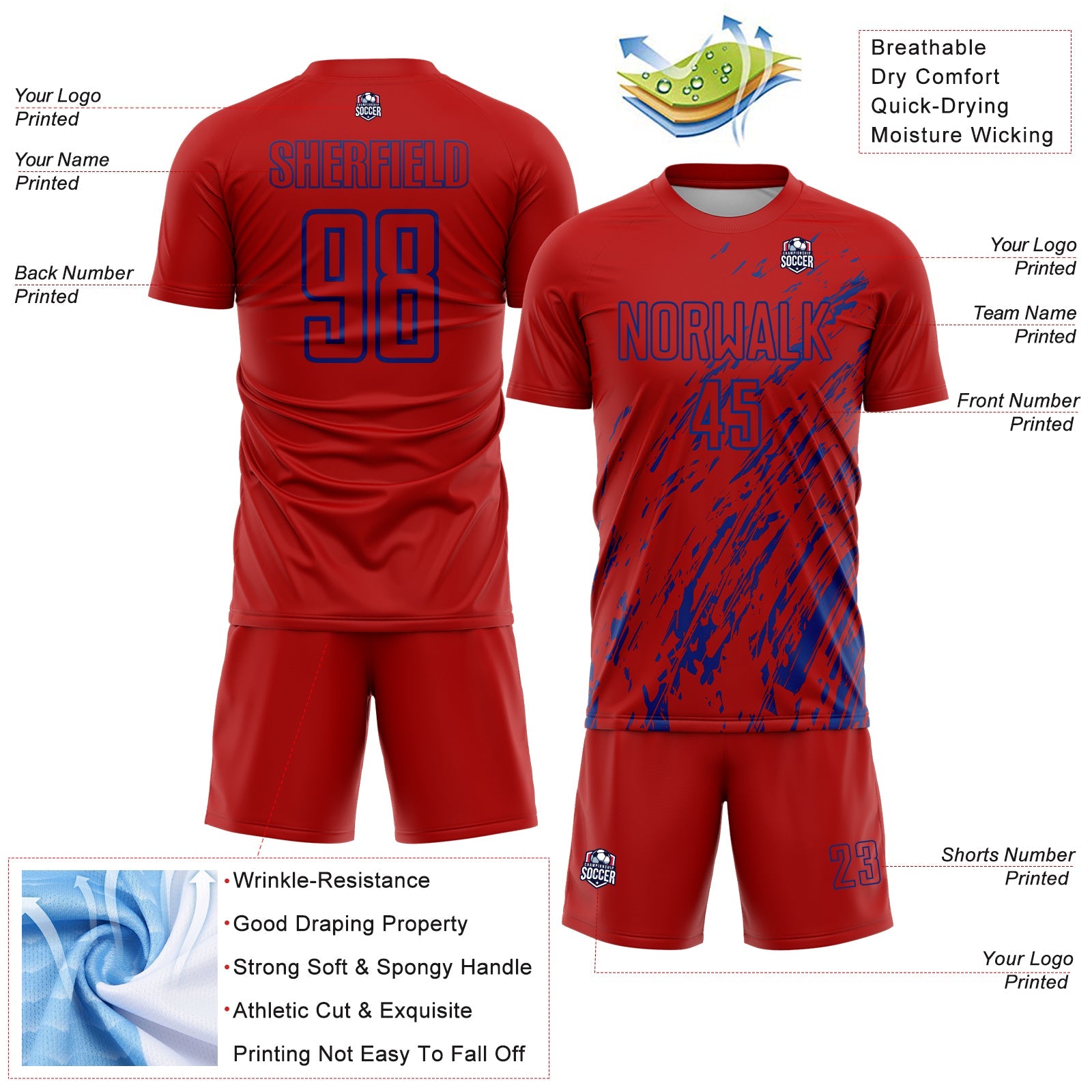 Custom Red Royal Splash Sublimation Soccer Uniform Jersey view 4