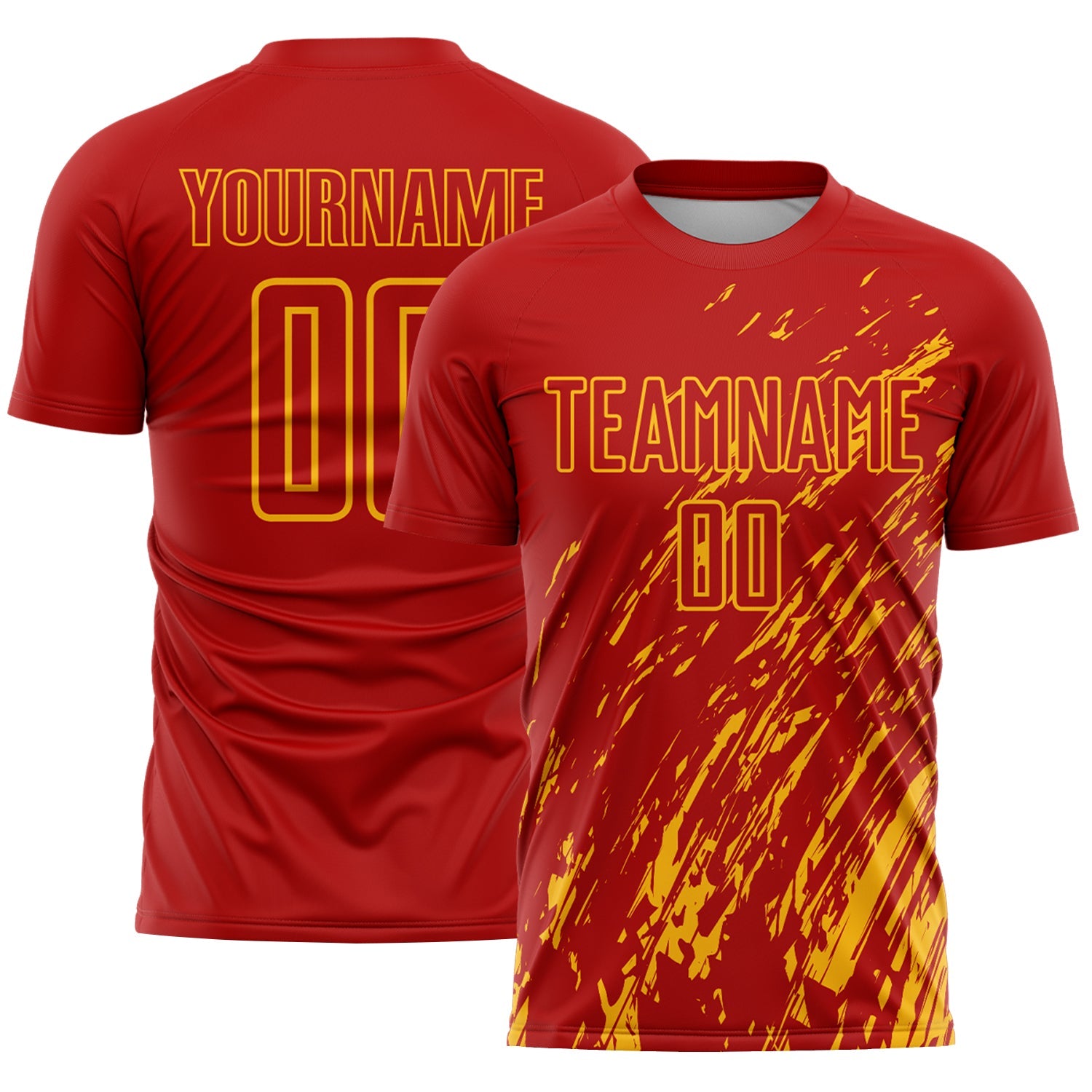 Custom Red Gold Splash Sublimation Soccer Uniform Jersey - Main View