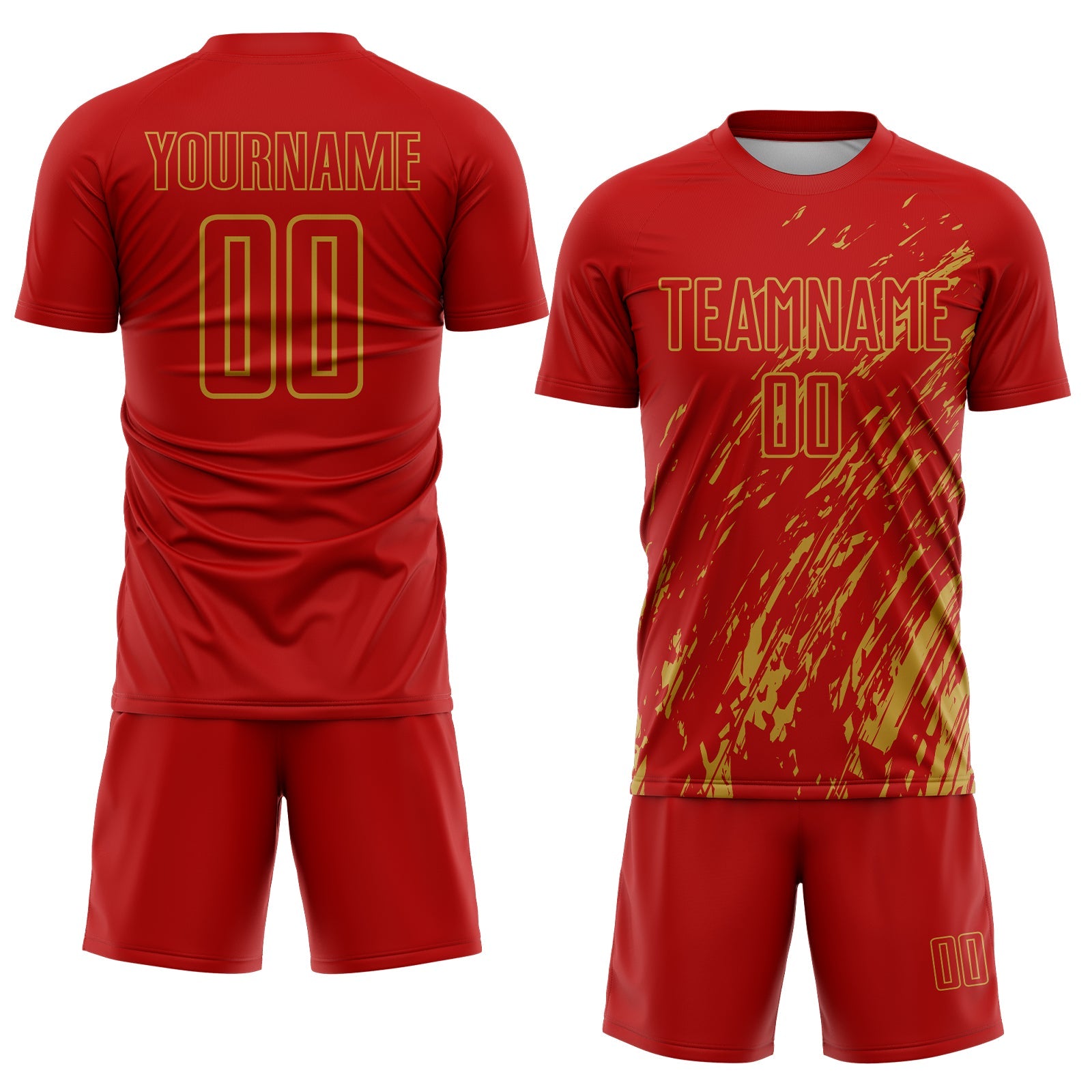 Custom Red Old Gold Splash Sublimation Soccer Uniform Jersey view 2