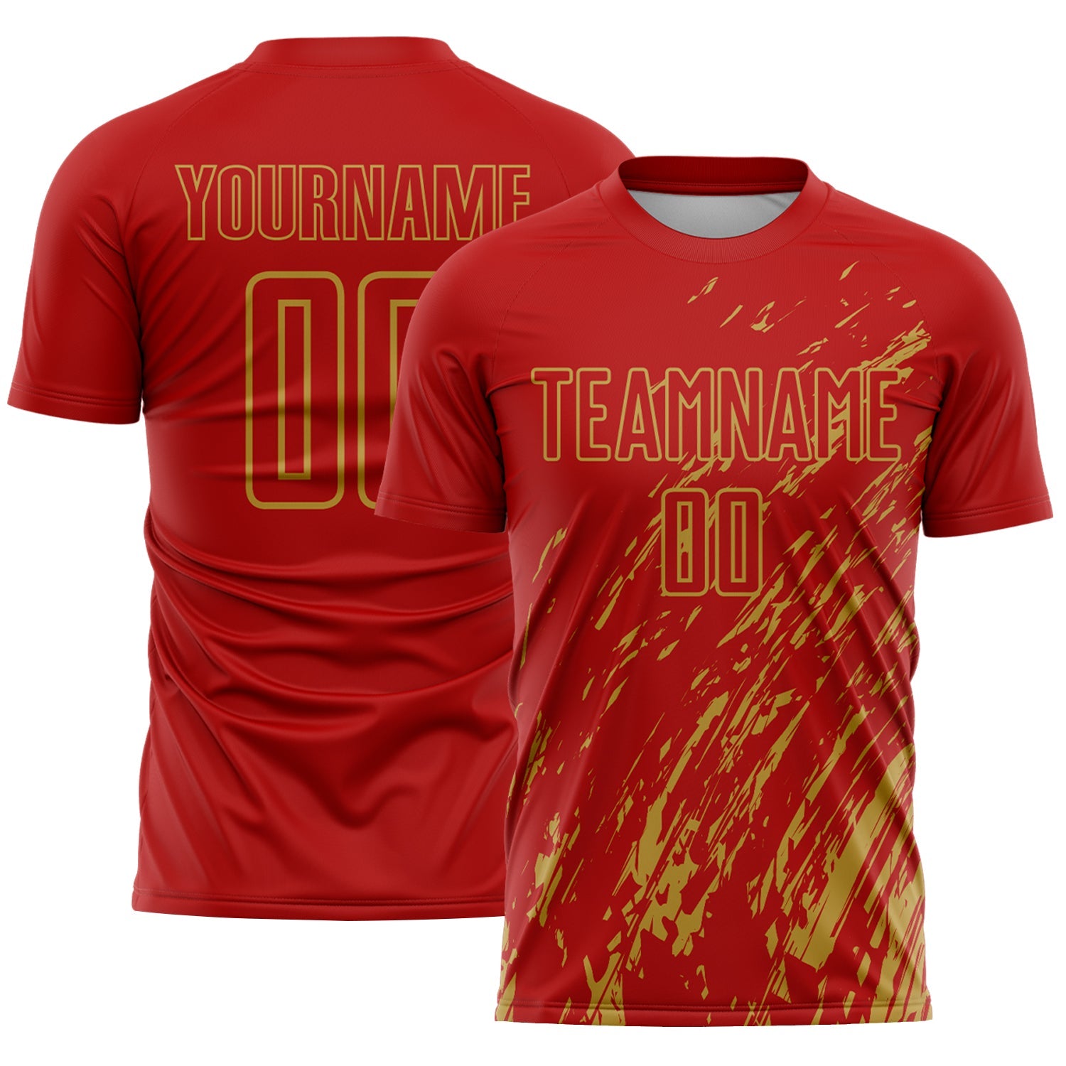 Custom Red Old Gold Splash Sublimation Soccer Uniform Jersey - Main View