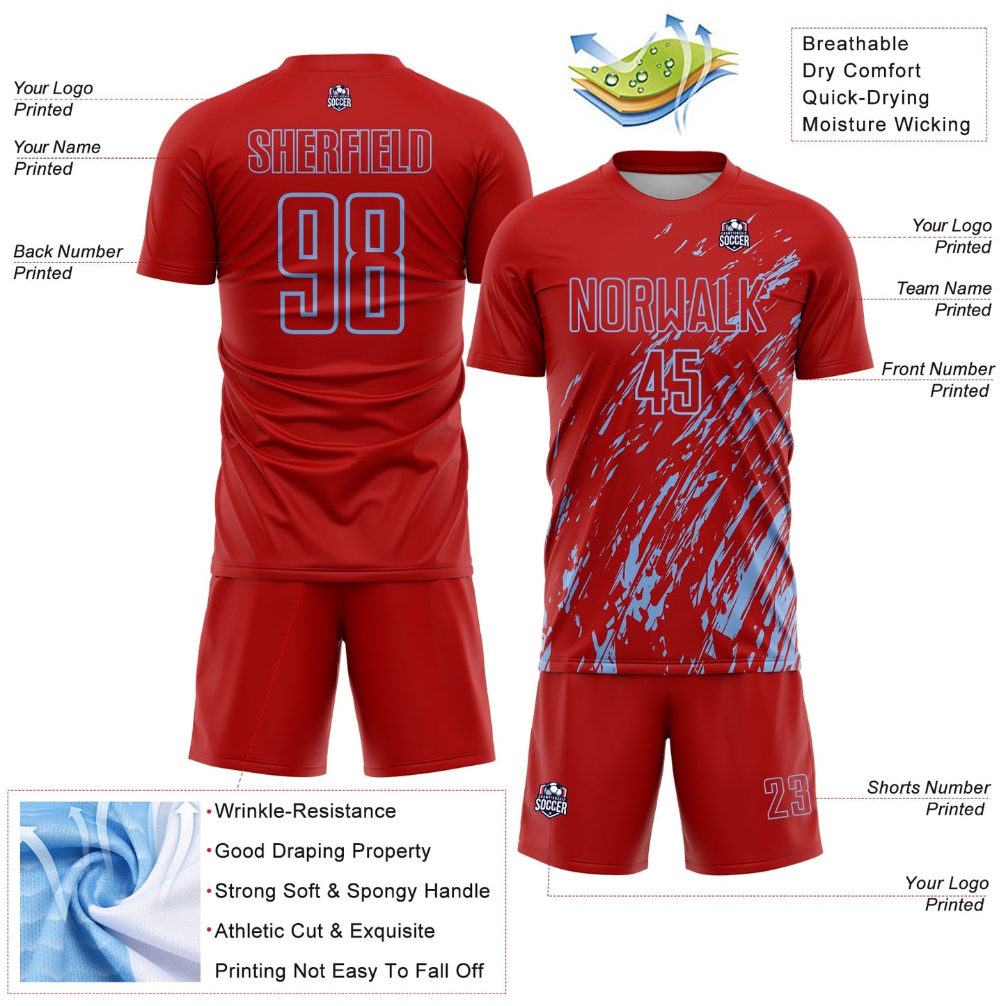Custom Red Light Blue Splash Sublimation Soccer Uniform Jersey view 4