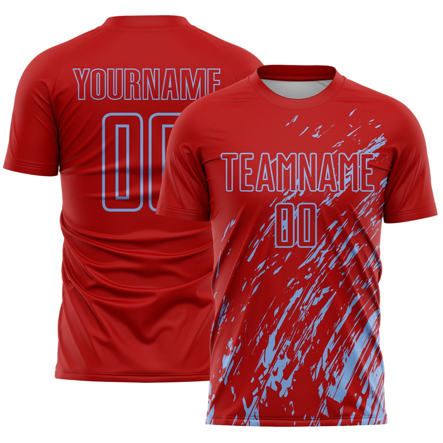 Custom Red Light Blue Splash Sublimation Soccer Uniform Jersey - Main View