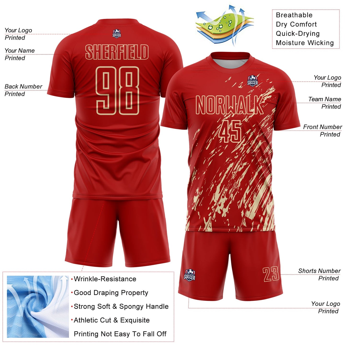 Custom Red Cream Splash Sublimation Soccer Uniform Jersey view 4