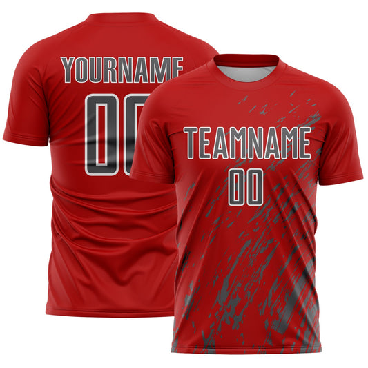 Custom Red Steel Gray-White Splash Sublimation Soccer Uniform Jersey - Main View