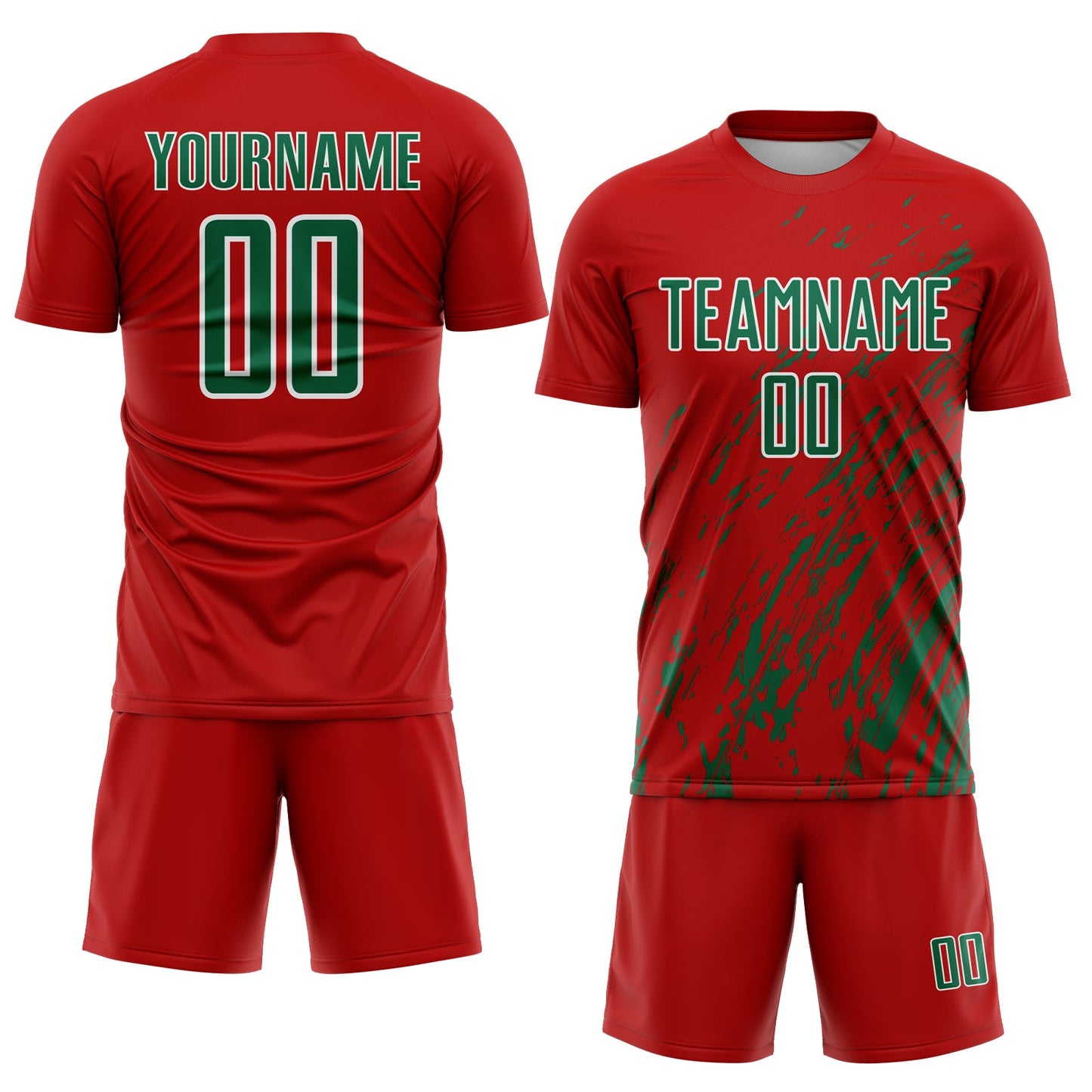 Custom Red Kelly Green-White Splash Sublimation Soccer Uniform Jersey view 2