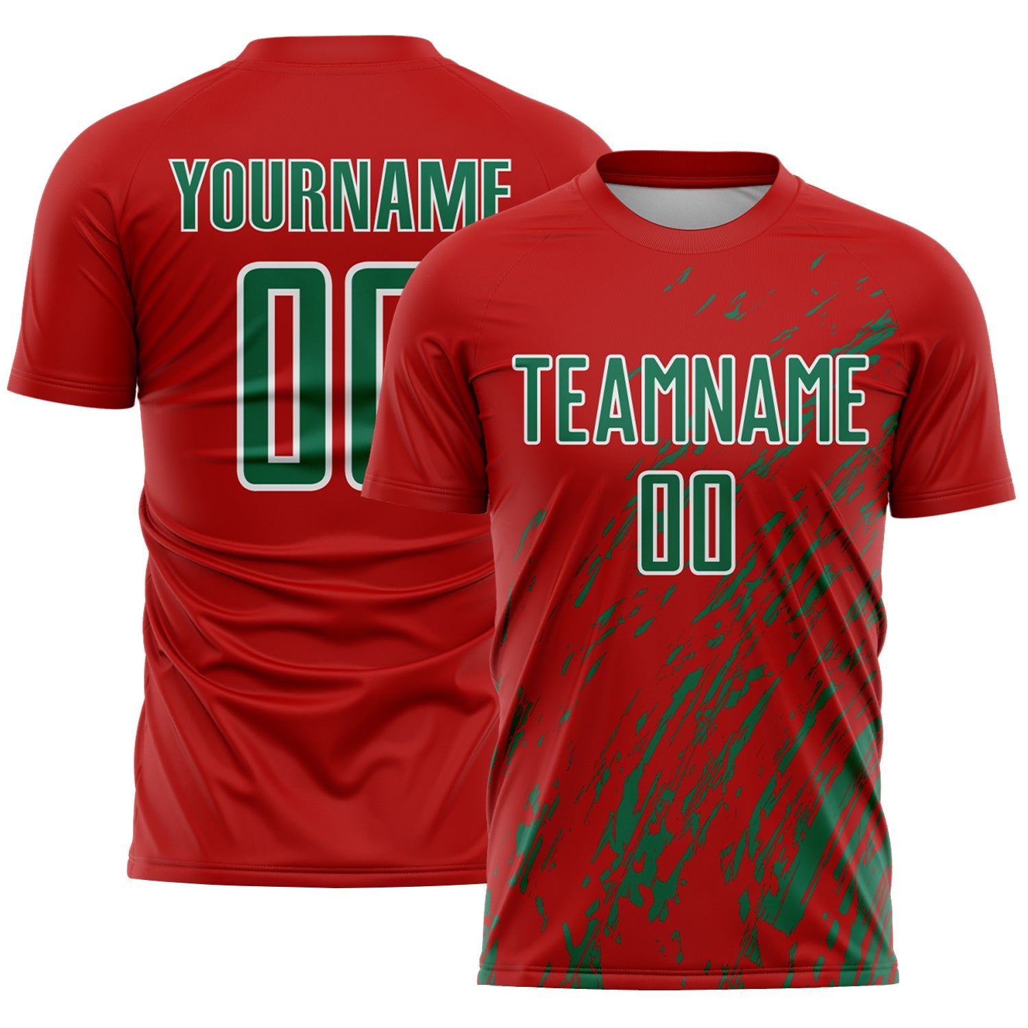 Custom Red Kelly Green-White Splash Sublimation Soccer Uniform Jersey - Main View