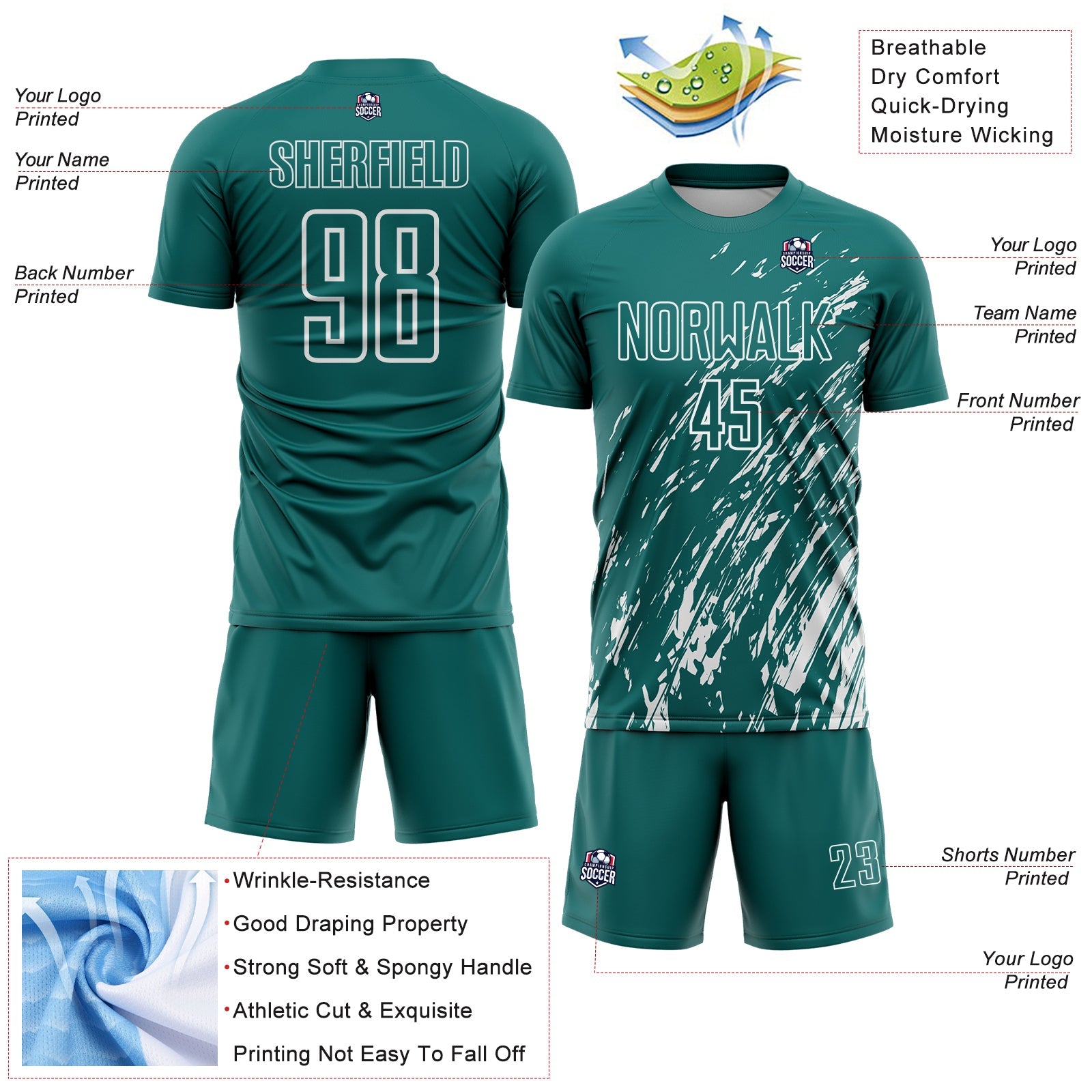 Custom Teal White Splash Sublimation Soccer Uniform Jersey view 4