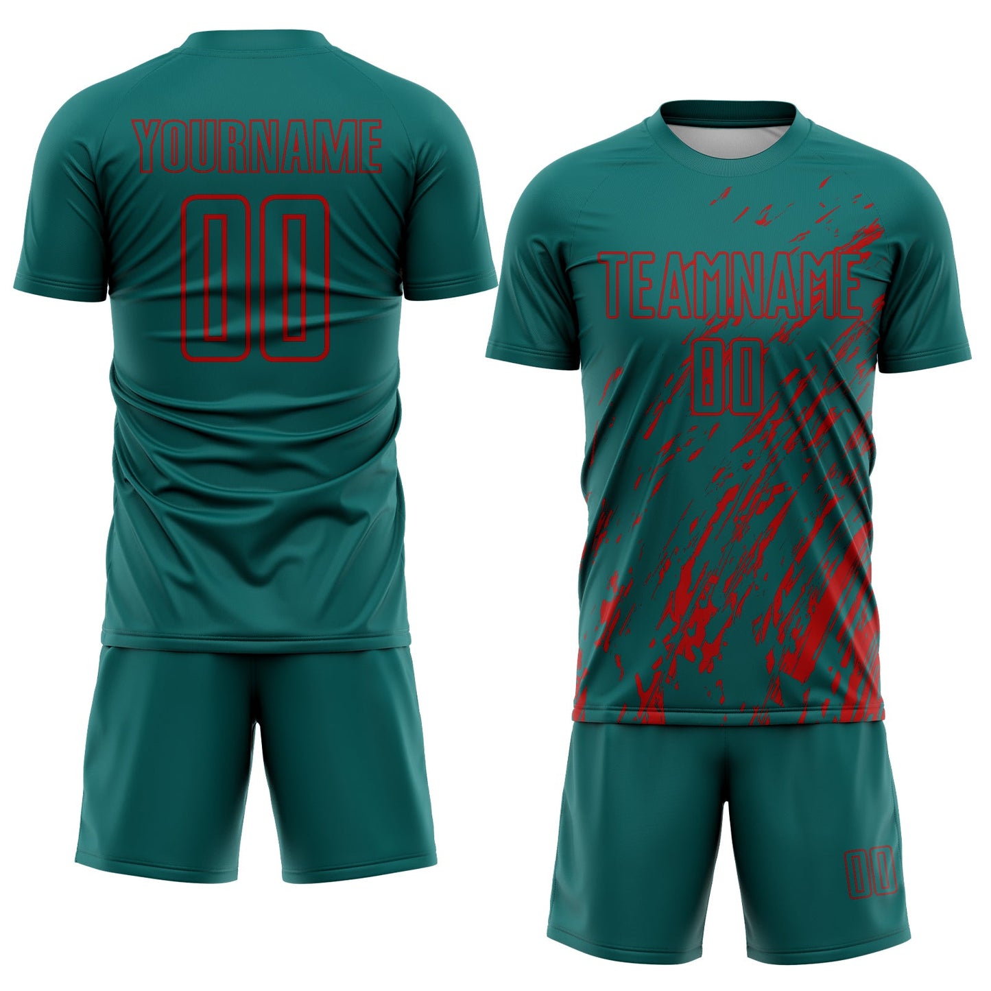 Custom Teal Red Splash Sublimation Soccer Uniform Jersey view 2