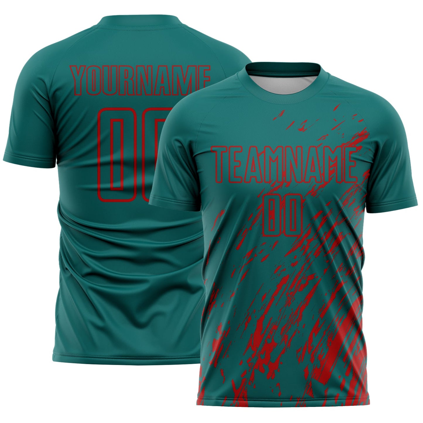 Custom Teal Red Splash Sublimation Soccer Uniform Jersey - Main View