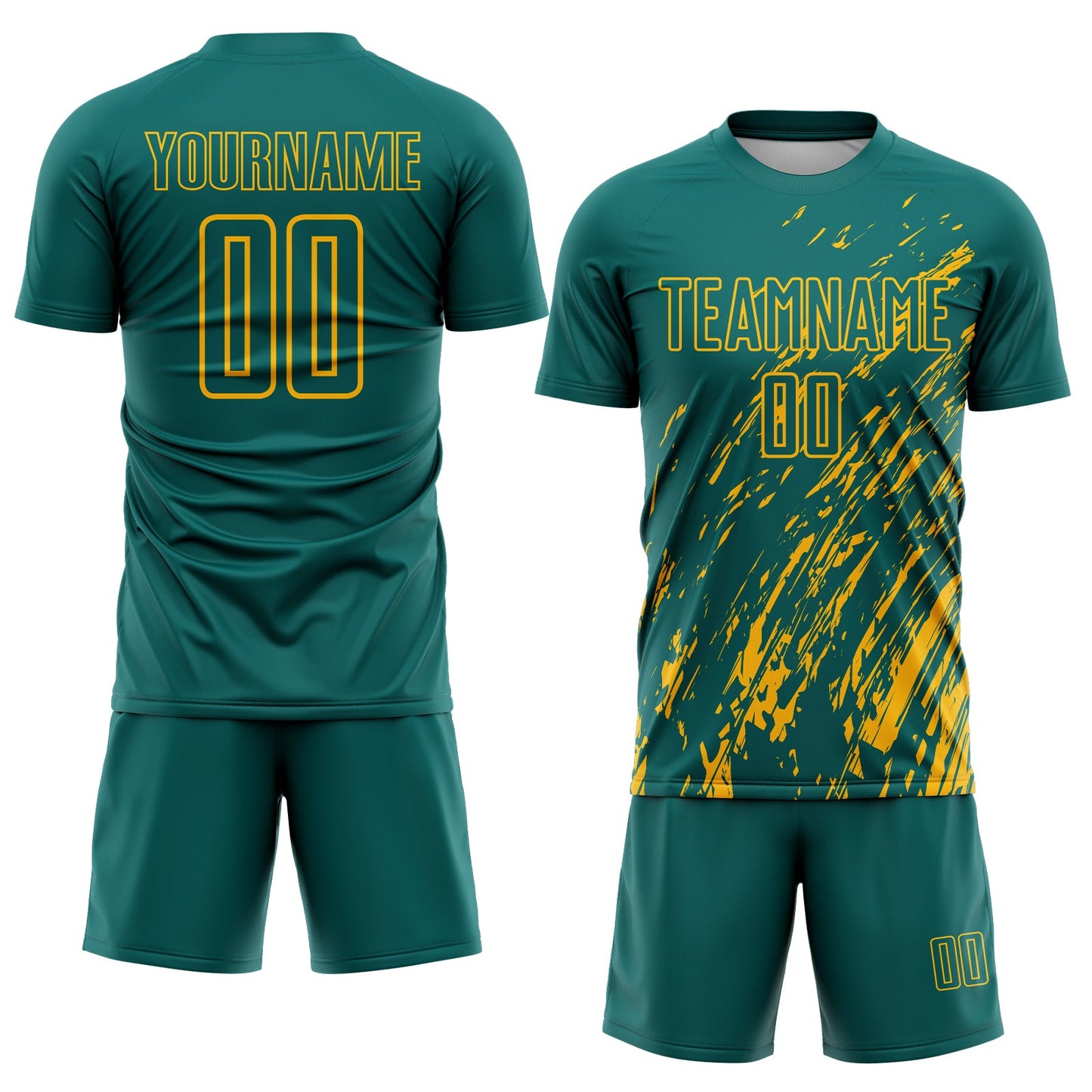 Custom Teal Gold Splash Sublimation Soccer Uniform Jersey view 2