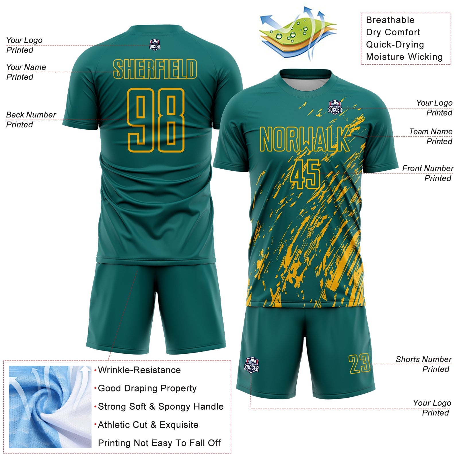 Custom Teal Gold Splash Sublimation Soccer Uniform Jersey view 4