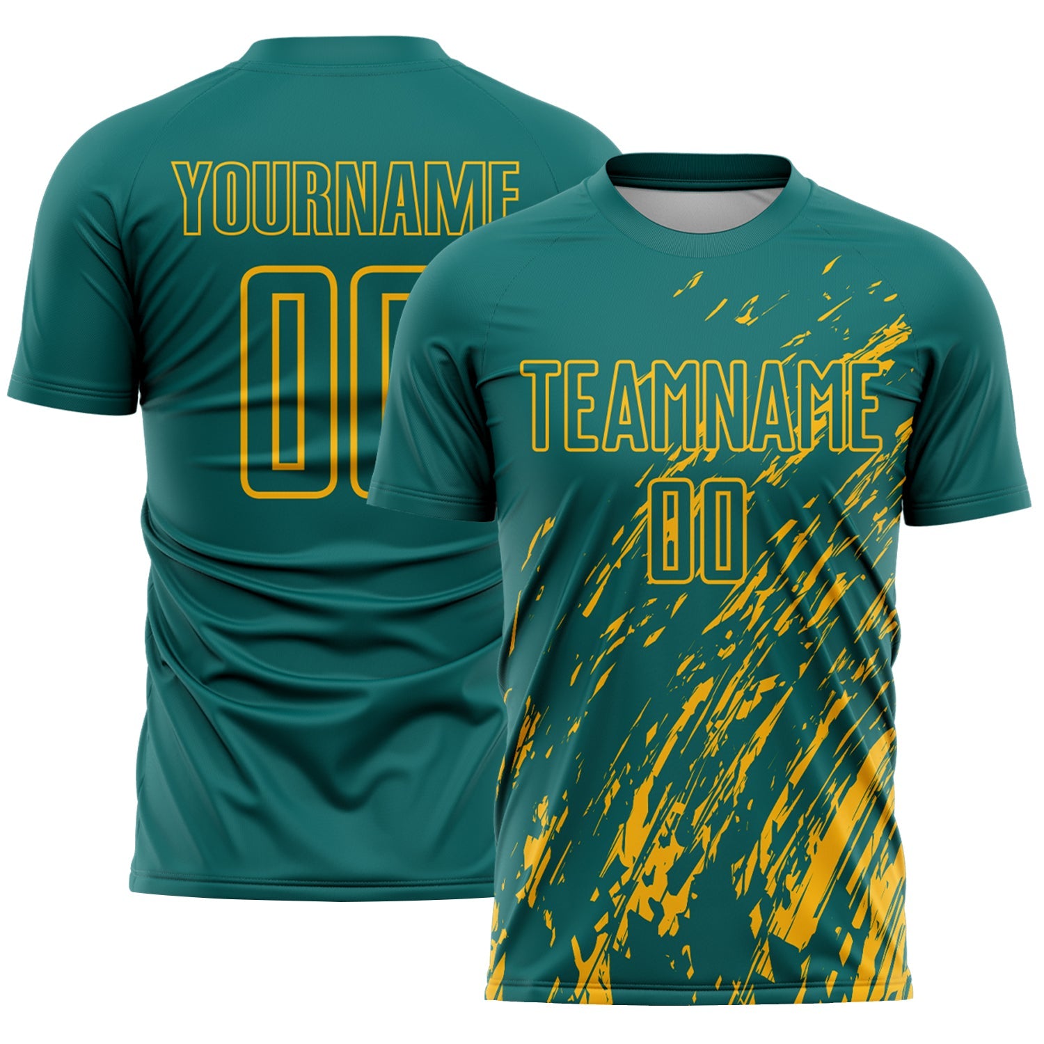 Custom Teal Gold Splash Sublimation Soccer Uniform Jersey - Main View