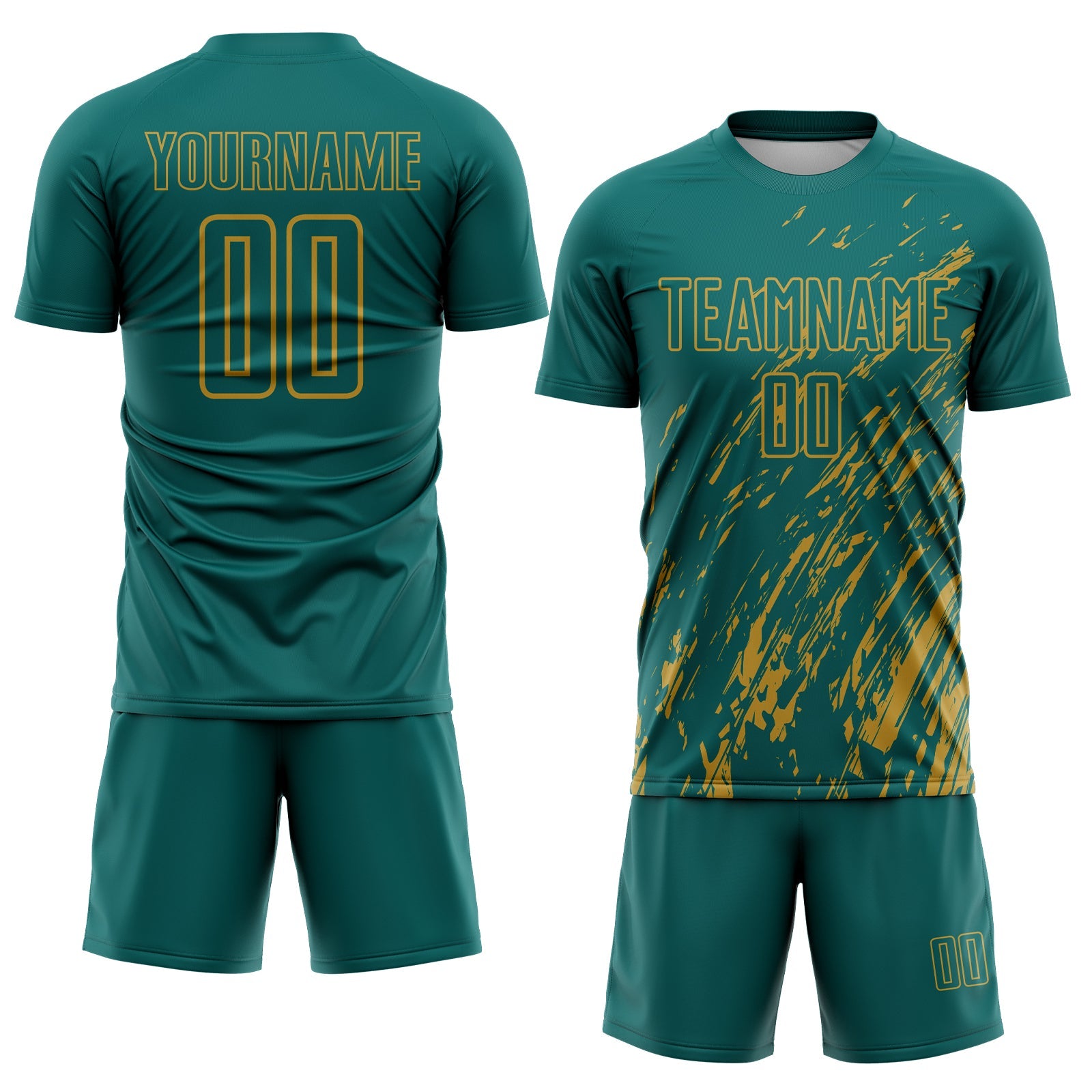 Custom Teal Old Gold Splash Sublimation Soccer Uniform Jersey view 2