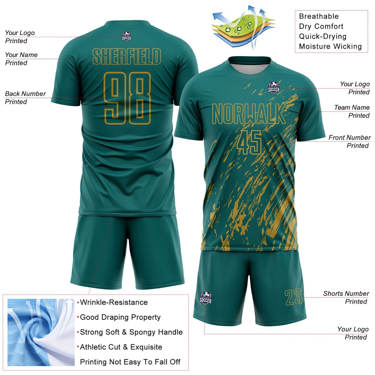 Custom Teal Old Gold Splash Sublimation Soccer Uniform Jersey view 4