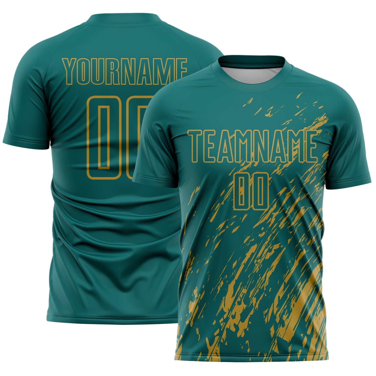 Custom Teal Old Gold Splash Sublimation Soccer Uniform Jersey - Main View