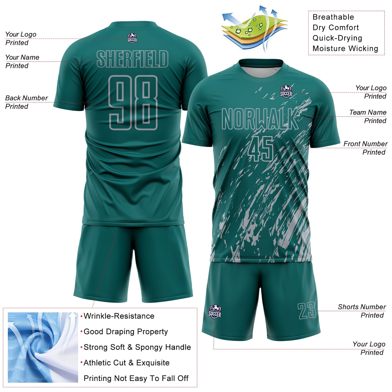 Custom Teal Gray Splash Sublimation Soccer Uniform Jersey view 4