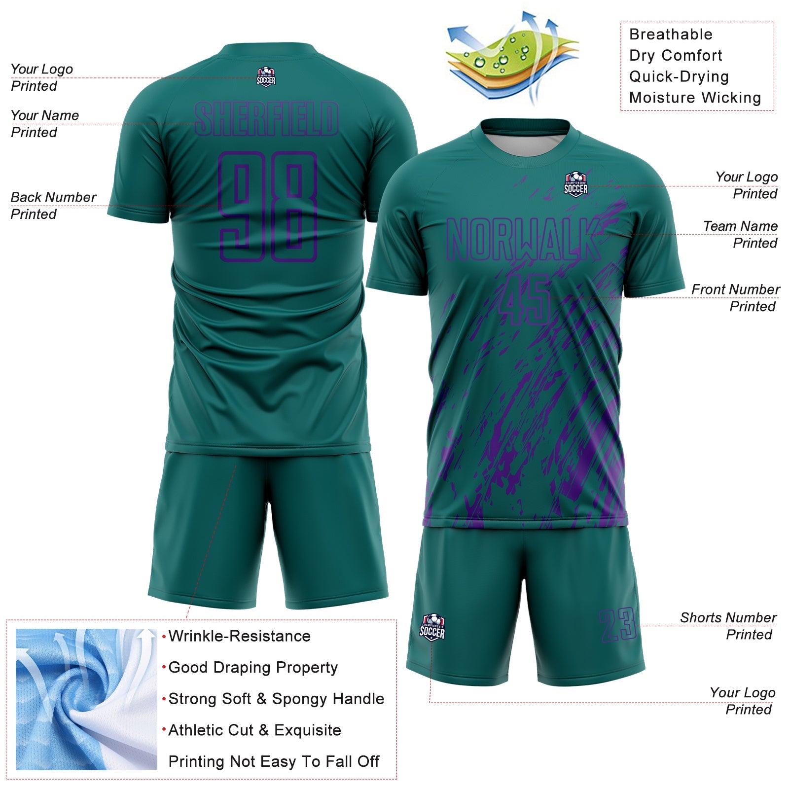 Custom Teal Purple Splash Sublimation Soccer Uniform Jersey view 4