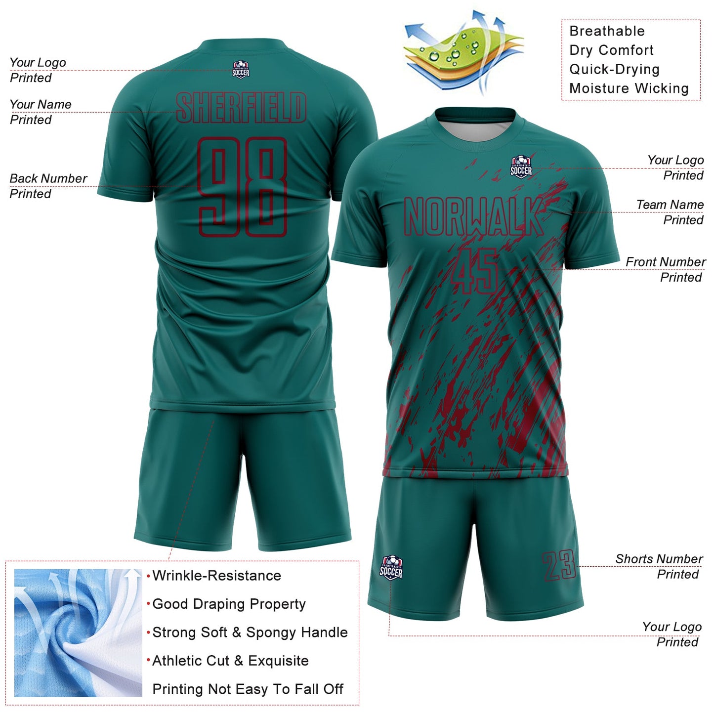 Custom Teal Crimson Splash Sublimation Soccer Uniform Jersey view 4