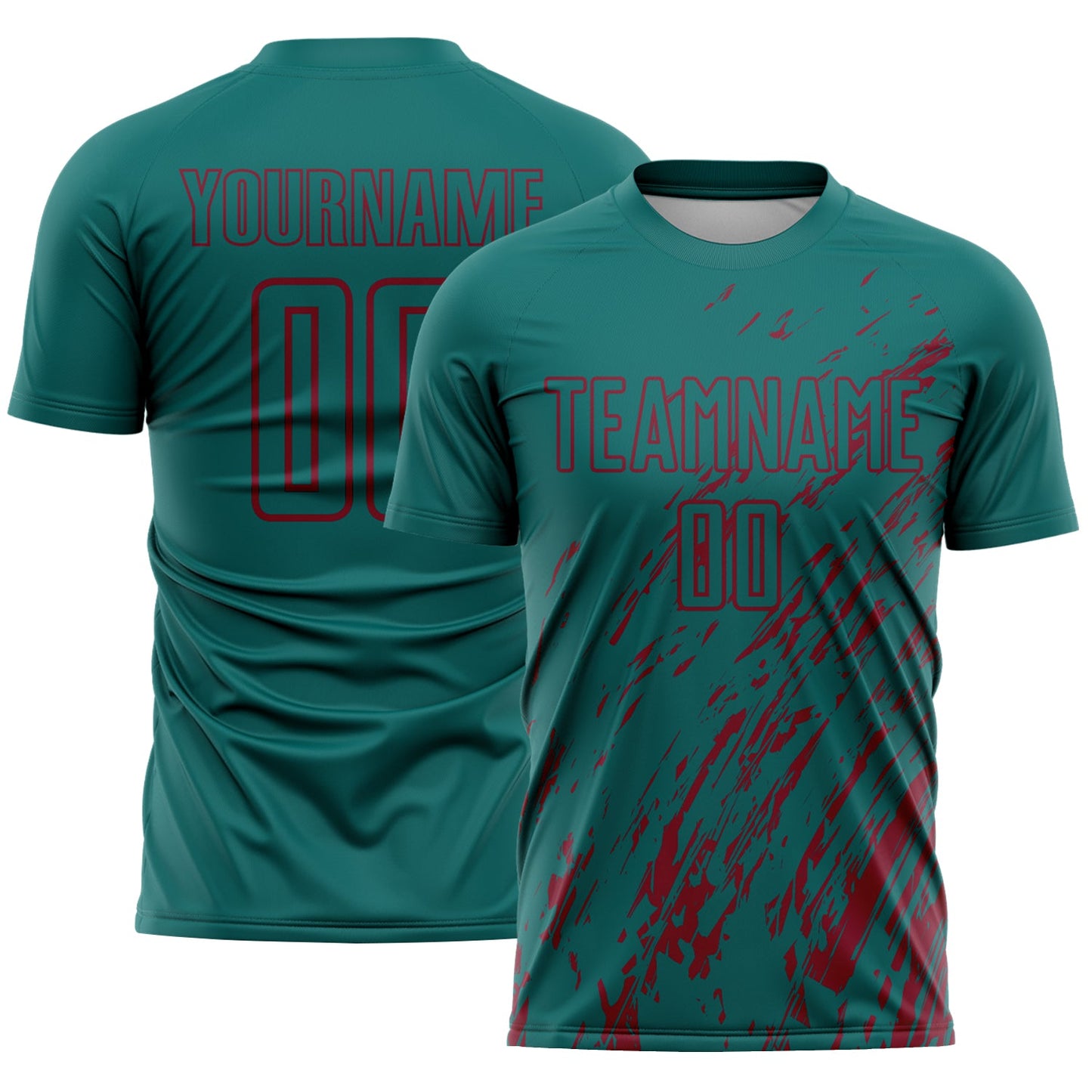 Custom Teal Crimson Splash Sublimation Soccer Uniform Jersey - Main View