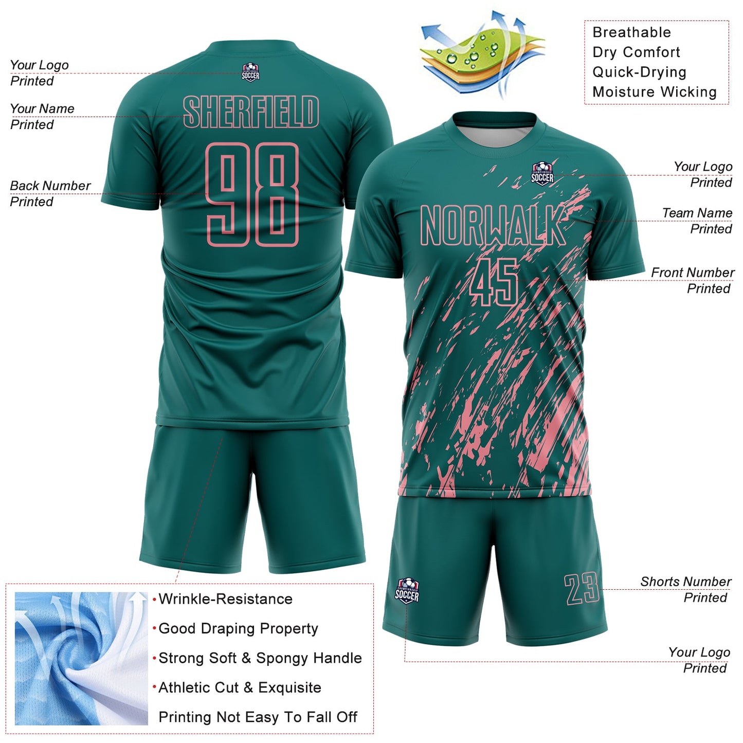 Custom Teal Medium Pink Splash Sublimation Soccer Uniform Jersey view 4