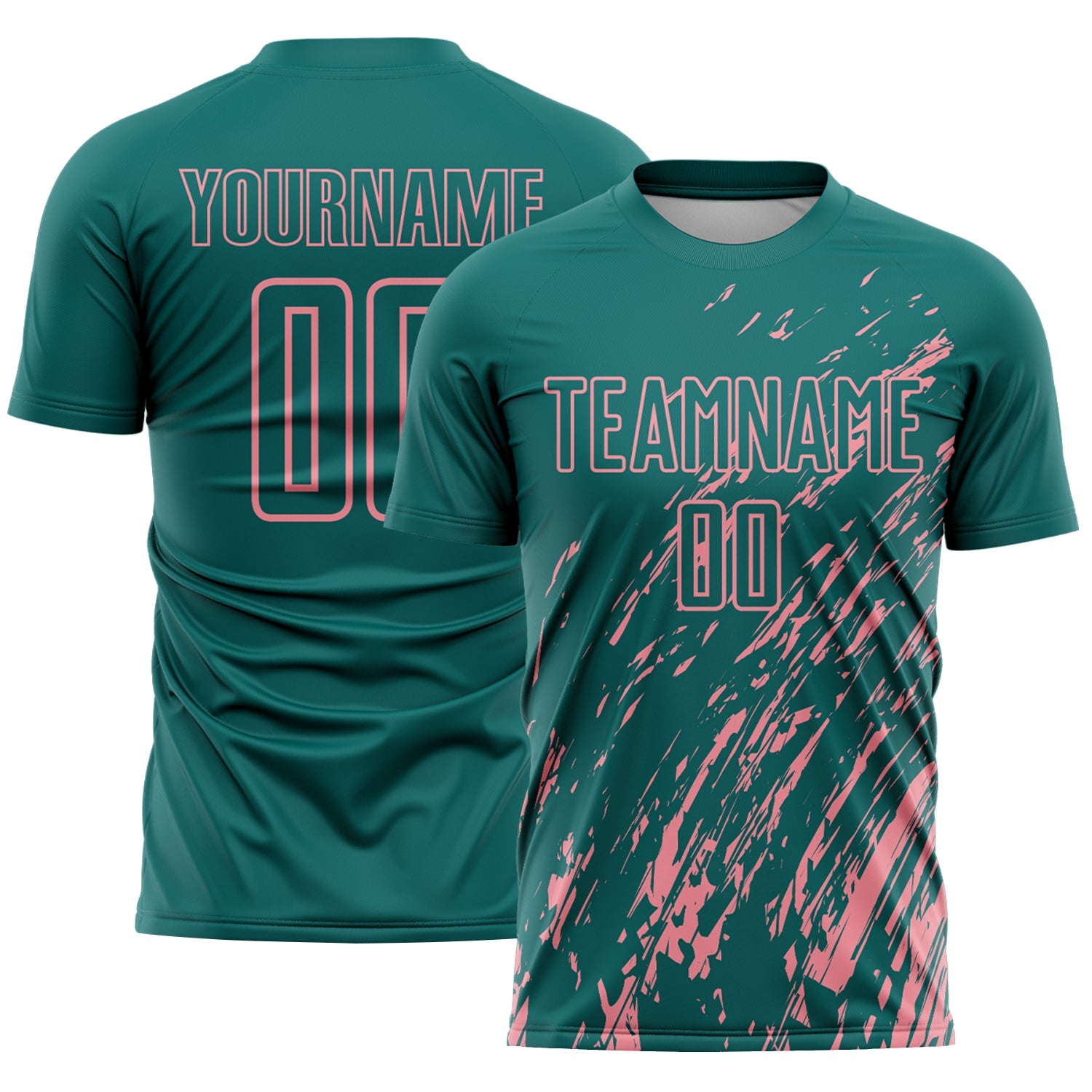 Custom Teal Medium Pink Splash Sublimation Soccer Uniform Jersey - Main View
