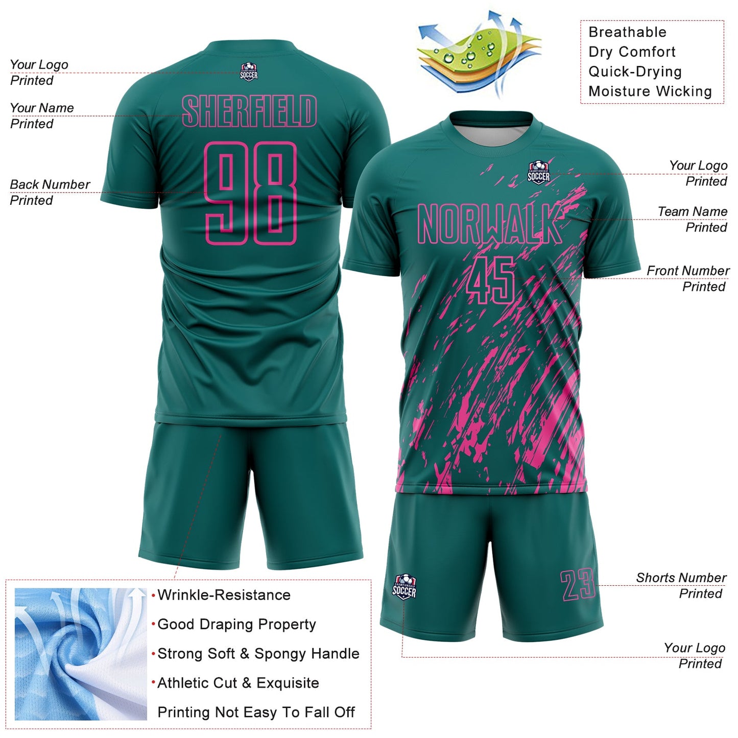 Custom Teal Pink Splash Sublimation Soccer Uniform Jersey view 4