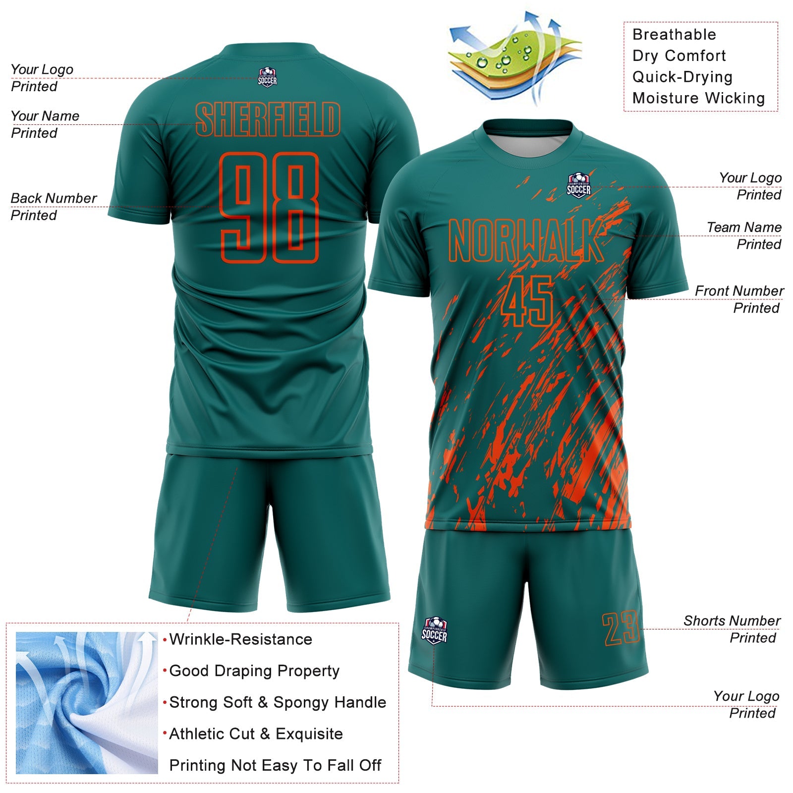 Custom Teal Orange Splash Sublimation Soccer Uniform Jersey view 4