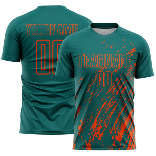 Custom Teal Orange Splash Sublimation Soccer Uniform Jersey - Main View