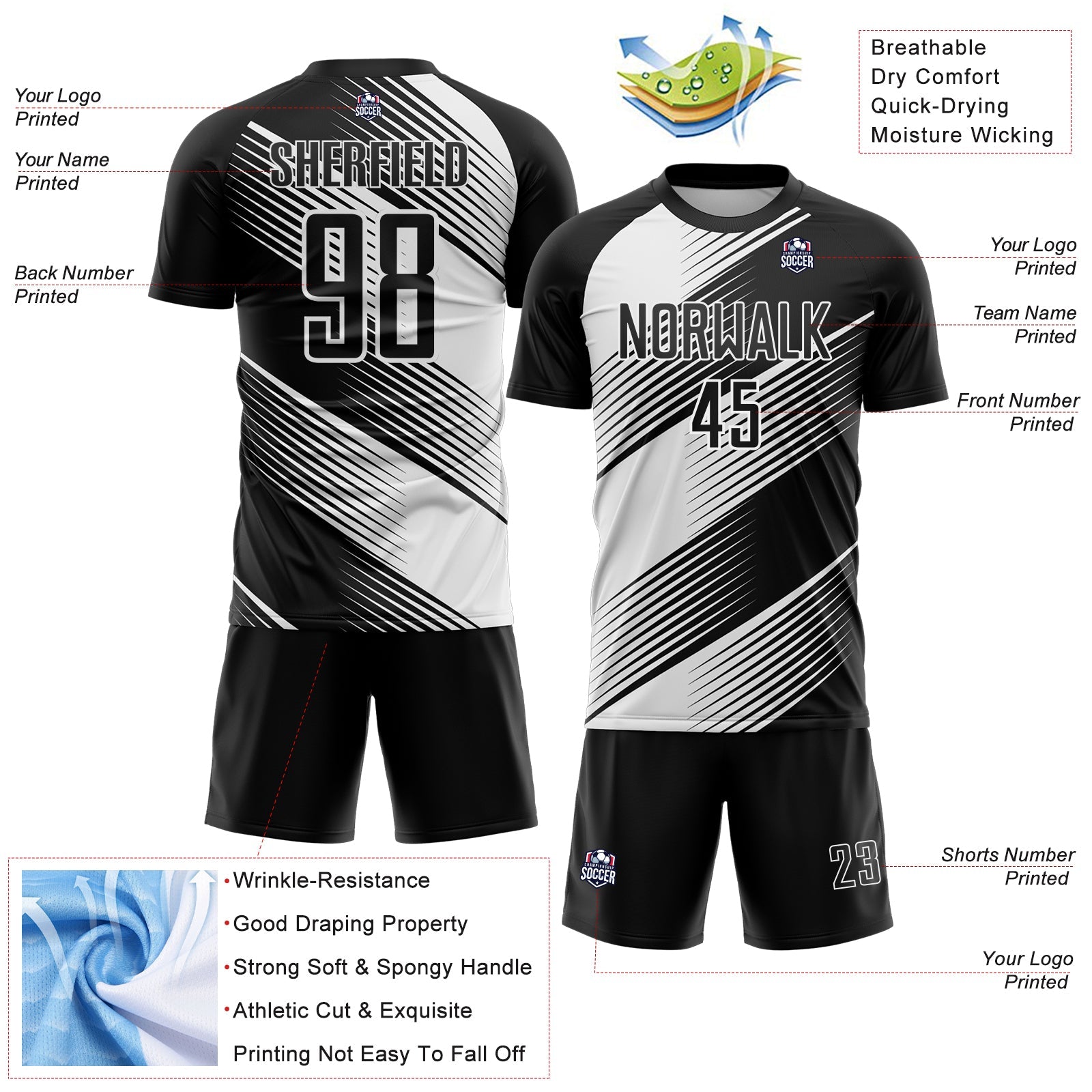 Custom Black White Line Sublimation Soccer Uniform Jersey view 4