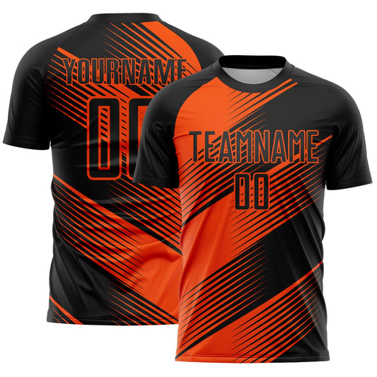 Custom Black Orange Line Sublimation Soccer Uniform Jersey - Main View