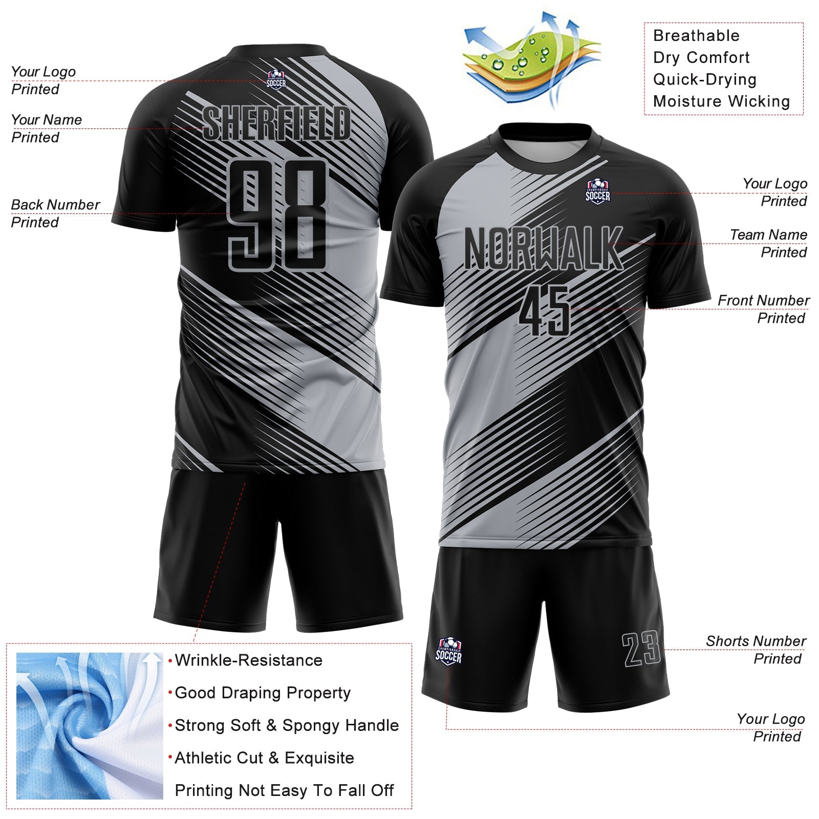 Custom Black Gray Line Sublimation Soccer Uniform Jersey view 4