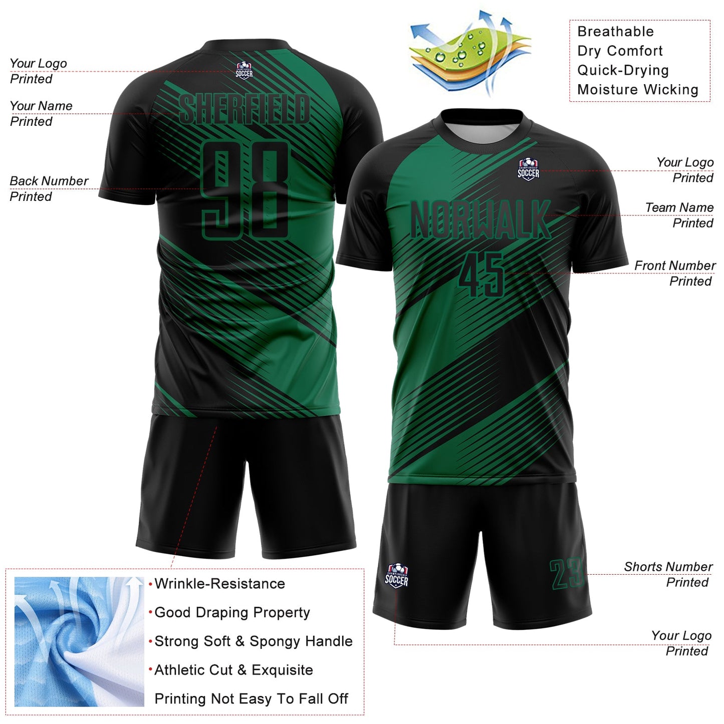 Custom Black Kelly Green Line Sublimation Soccer Uniform Jersey view 4